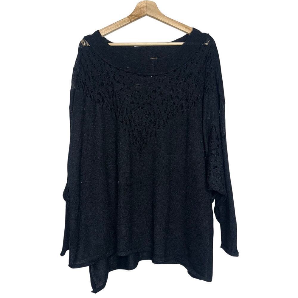 Free People Black Pointelle Ballet Sweater Crochet Knit Pullover Crew Neck Small